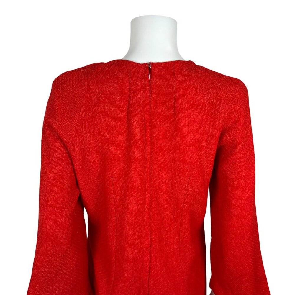 Vintage 70s Tweed Dress Womens Large Long Bell Sleeves Red Orange Woven Mini - Picture 9 of 10